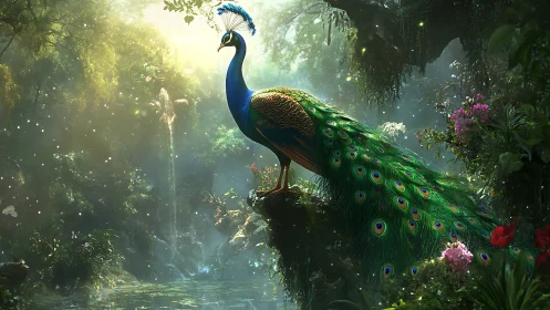 Majestic peacock overlooks enchanted forest waterfall.