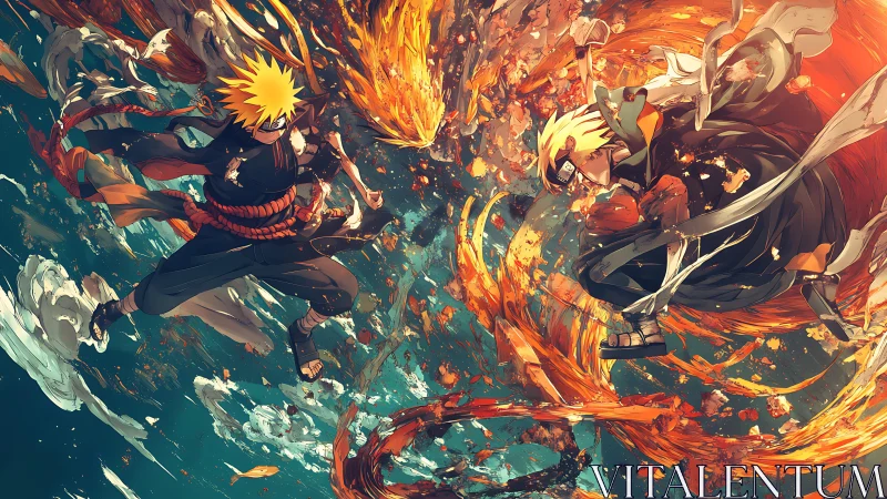 Fiery ninja rivals clash midair in a swirling elemental storm