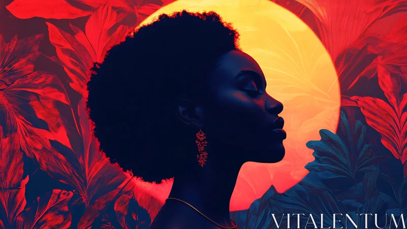 Chromatic silhouette before solar disc in botanical field.