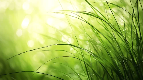 Dawnlit grass blades whispering in dewdrop green hush.