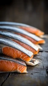 Photorealistic salmon fillets in shallow focus on rustic board.