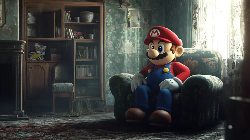 Mario character sits in worn armchair in decayed living room