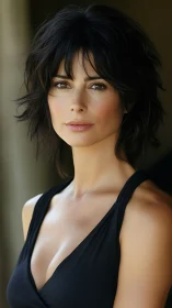 Portrait of woman with tousled dark hair in soft light.