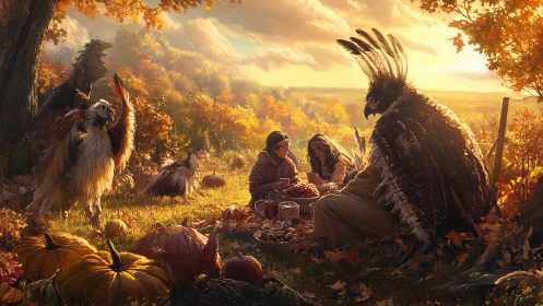 Autumnal forest picnic uniting humans and anthropomorphic raptors