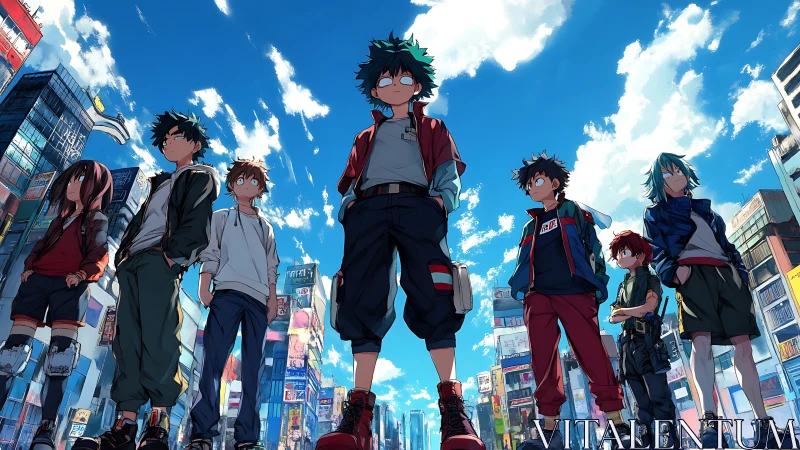 Teen heroes stand in stylized city street under vivid sky.