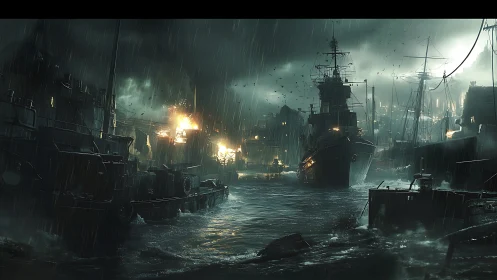 Nighttime naval harbor under bombardment in heavy rain.
