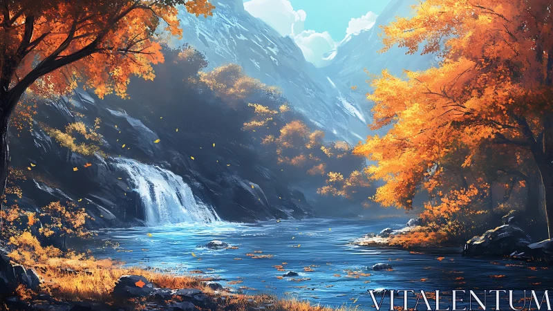 Mountain river with waterfall and dense autumn foliage.