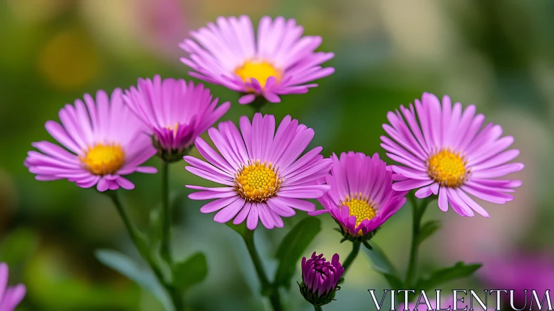 Pink daisy flowers with yellow centers and green stems