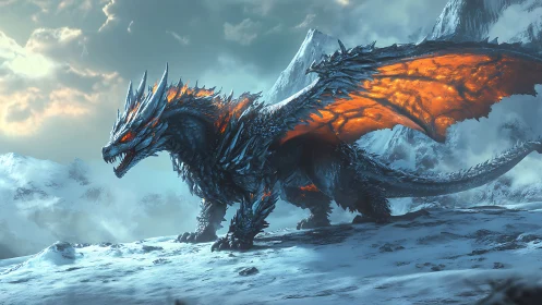 Inferno-winged glacier dragon stalking a stormlit ridge.