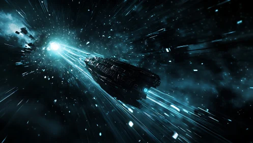 Starship accelerates toward luminous wormhole with relativistic motion blur