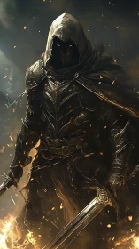 Hooded dark knight in scorched plate armor with twin swords