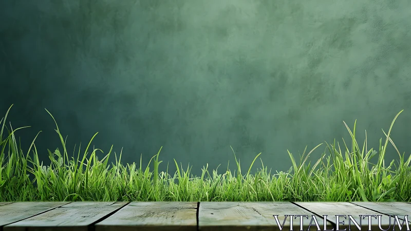 Weathered wooden deck borders lush green spring grass.