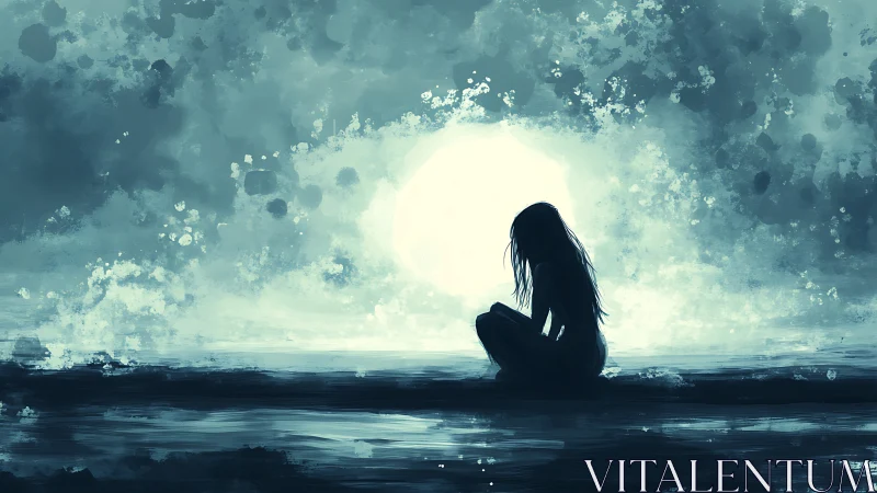 Silhouette of seated figure by water under large moon.