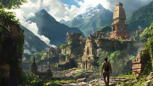 Explorer entering vast jungle ruins below snow peaks.