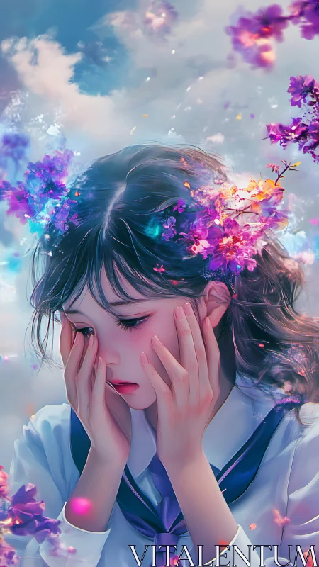 Melancholic schoolgirl with surreal blooming flowers crown.