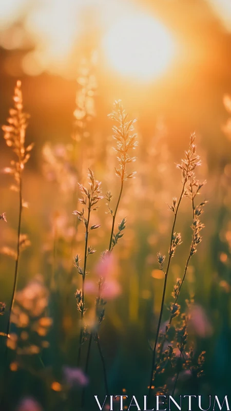 Golden sunset meadow with softly glowing wild grasses.
