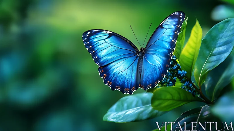 Blue butterfly on green foliage in natural close-up view.