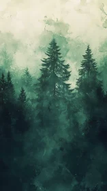 Ethereal Coniferous Forest Landscape: Atmospheric Watercolor Composition.