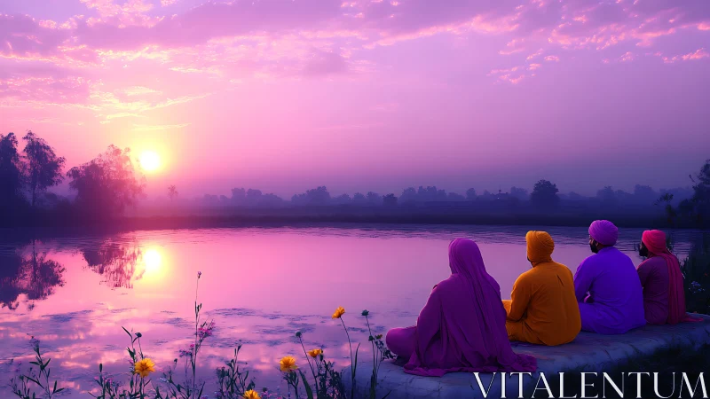 Four seated figures watch pink and purple sunrise over river