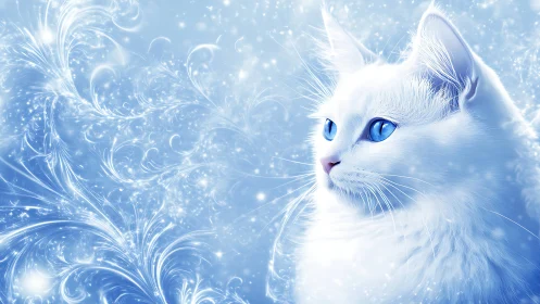 Ethereal White Cat with Luminous Blue Eyes in Frozen Sparkle
