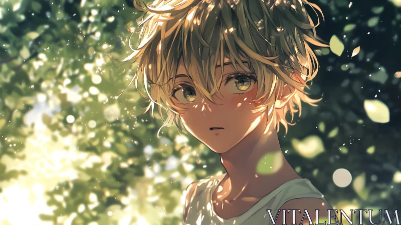Soft anime boy under glowing forest sunlight bokeh.