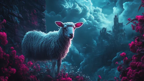 Luminous lamb guards a stormlit citadel in neon dreamscape.
