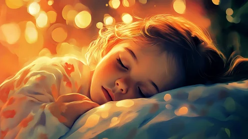 Sleeping Child Bathed in Golden Bokeh Lights