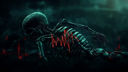 Forensic skeletal remains with red biometric waveform overlay.
