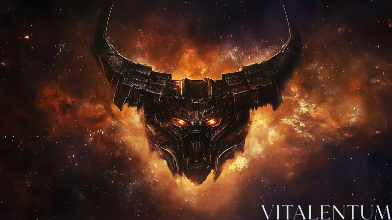 Horned metallic skull form suspended in fiery nebula field.