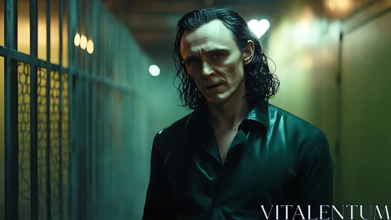 Moody man stands in dim corridor beside metal cell bars