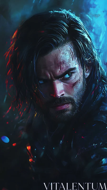 Storm-lit warrior with fierce gaze and flickers of neon fire.