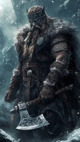 Nordic warlord stands armored in furs within icy blizzard.