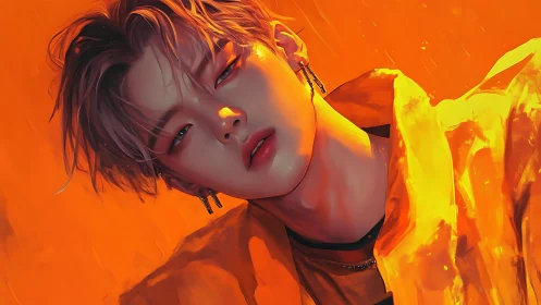 Golden portrait of androgynous figure under molten light.