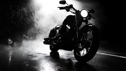Moody night ride with a lone motorcycle in the rain.
