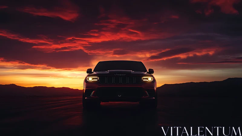 Headlight prowl under volcanic sunset sky, highway predator.
