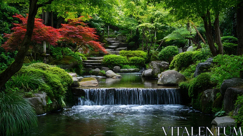 Tiered garden stream with waterfall and dense green foliage.