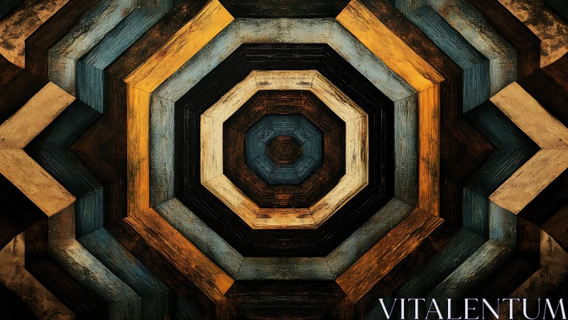 Concentric geometric wood pattern in blue, gold and brown tones.