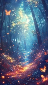 Luminous Forest Path Where Butterflies Dance in Enchanted Light.