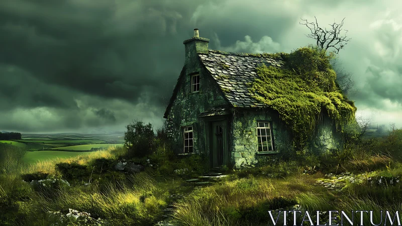 Moss-covered stone cottage stands beneath storm-laden skies.