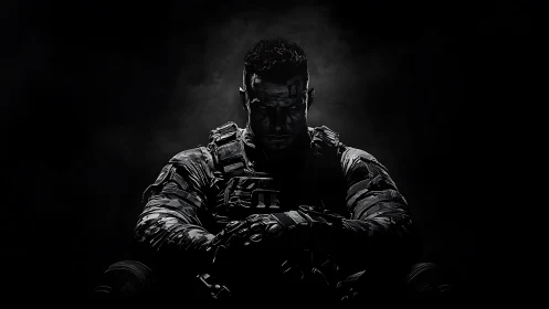 Brooding cyber soldier waits in the shadows before war