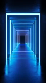Neon tunnel recedes through luminous blue geometric corridor.