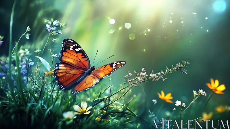 Sunlit monarch drifts through a glittering wildflower dreamscape.