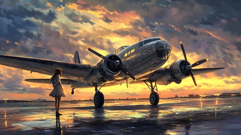 Sunlit vintage airliner and lone girl on glowing runway.