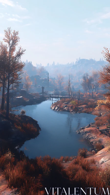 Autumn river valley under pale sky with distant bridge.