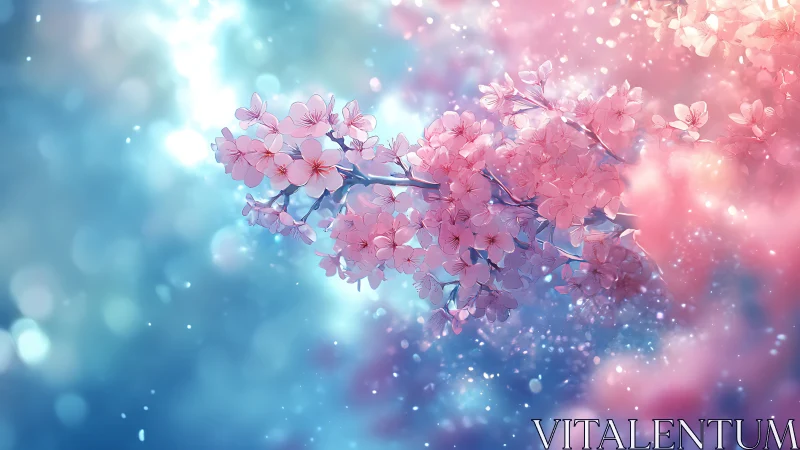 Pink flowering branch rendered with bokeh and atmospheric depth layering.