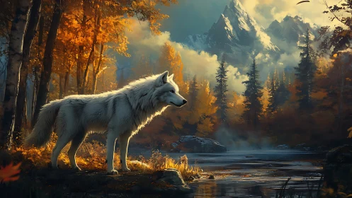 White wolf overlooking autumn alpine river in golden light.