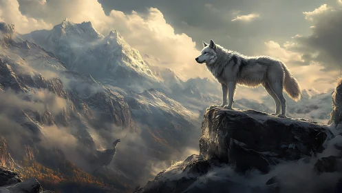White wolf on rocky outcrop above misty mountain range.