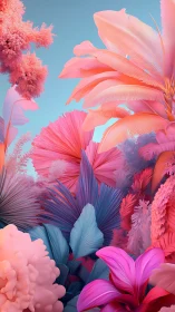 Volumetric Botanical Composition: Layered Pink-Coral Florals with Azure Atmosphere.