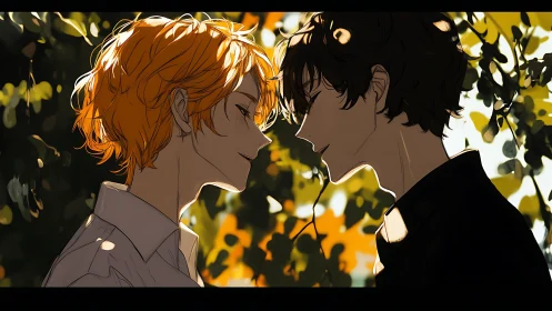 Sunlit profiles of two lovers beneath dappled foliage.