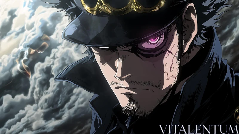 Scarred anime officer with glowing cybernetic eye in storm